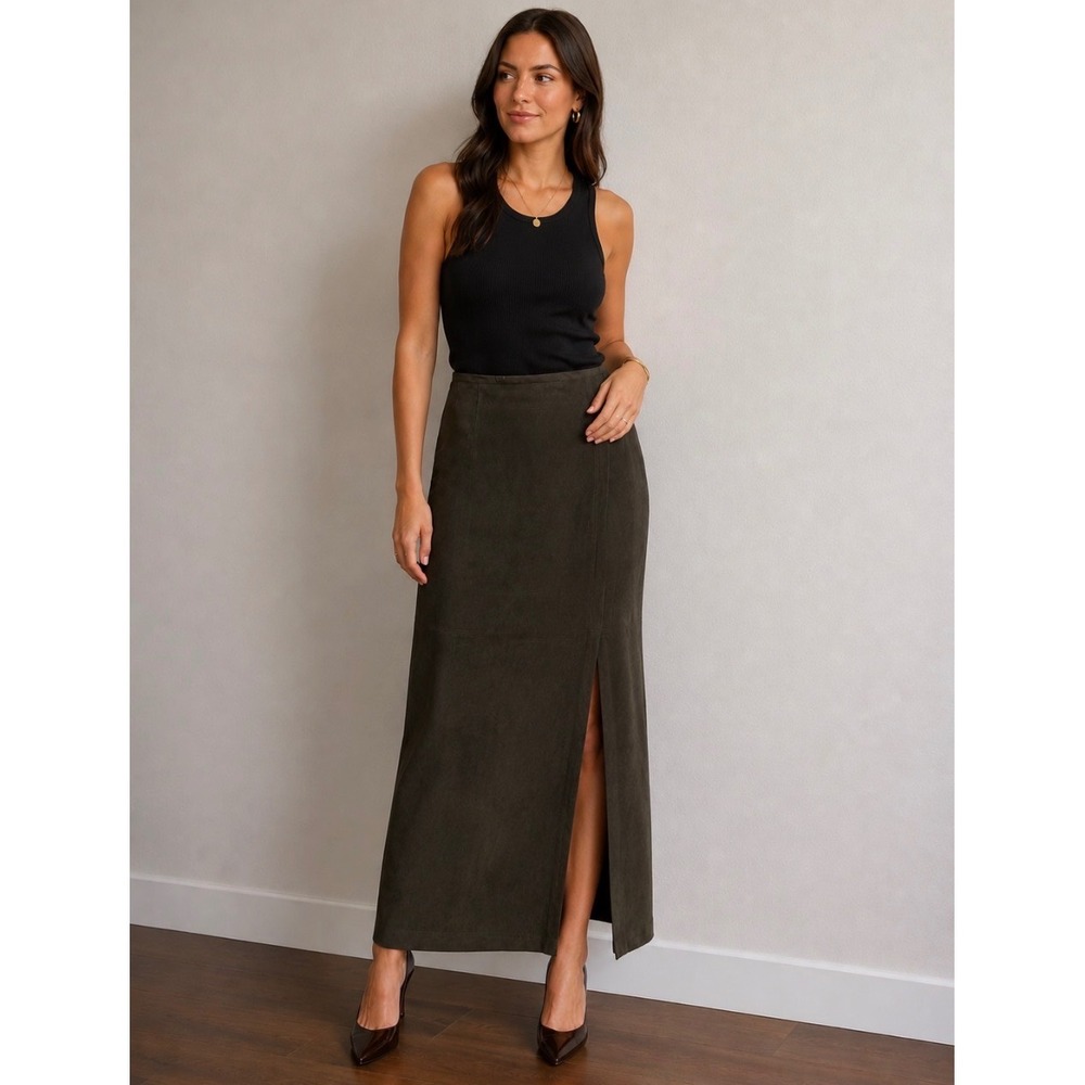 Norton Studio Maxi Skirt Women Size 14 Olive Green Cord Front Slit Lined Vtg